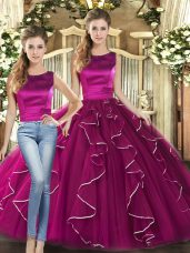 Sophisticated Sleeveless Tulle Floor Length Lace Up Quinceanera Dresses in Fuchsia with Ruffles