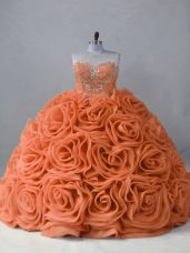 New Style Sweetheart Sleeveless Fabric With Rolling Flowers Quinceanera Gowns Beading Brush Train Lace Up