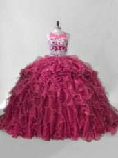 Fancy Beading and Ruffles Sweet 16 Quinceanera Dress Hot Pink Zipper Sleeveless Brush Train