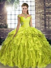 Sleeveless Brush Train Lace Up Beading and Ruffles Ball Gown Prom Dress