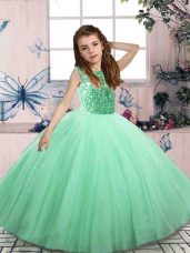 Discount Apple Green Tulle Lace Up Pageant Gowns For Girls Sleeveless Mini Length Beading