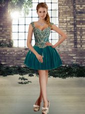 Popular Straps Sleeveless Prom Party Dress Mini Length Beading Dark Green Tulle