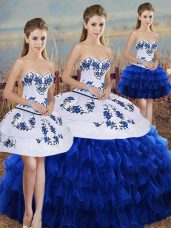 Chic Organza Sweetheart Sleeveless Lace Up Embroidery and Ruffled Layers and Bowknot Sweet 16 Dress in Royal Blue