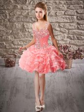 Watermelon Red Ball Gowns Straps Sleeveless Organza Mini Length Lace Up Beading and Ruffled Layers Evening Dress