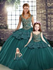 Tulle Sleeveless Floor Length Ball Gown Prom Dress and Beading and Appliques