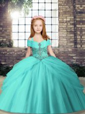 Fashion Ball Gowns Kids Formal Wear Aqua Blue Straps Tulle Sleeveless Floor Length Lace Up