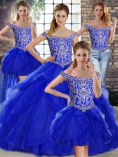 On Sale Brush Train Ball Gowns Quinceanera Gowns Royal Blue Off The Shoulder Tulle Sleeveless Lace Up