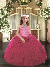 Hot Pink Ball Gowns Beading and Ruffles Pageant Dress for Teens Lace Up Tulle Sleeveless Floor Length