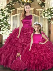 Floor Length Lace Up Sweet 16 Dresses Fuchsia for Military Ball and Sweet 16 and Quinceanera with Ruffles