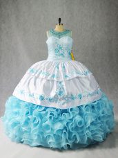 Custom Made Baby Blue Scoop Neckline Beading and Embroidery and Ruffles Quince Ball Gowns Sleeveless Lace Up