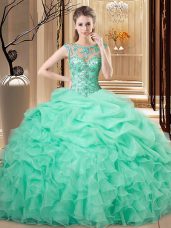 Beading and Ruffles Quinceanera Gown Apple Green Lace Up Sleeveless Floor Length