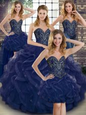 Wonderful Navy Blue Sweetheart Neckline Beading and Ruffles Quinceanera Gowns Sleeveless Lace Up