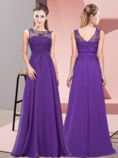 Sumptuous Empire Damas Dress Purple Scoop Chiffon Sleeveless Floor Length Zipper