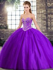 Purple Sweet 16 Quinceanera Dress Military Ball and Sweet 16 and Quinceanera with Beading Sweetheart Sleeveless Brush Train Lace Up