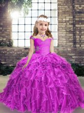 Modern Fuchsia Organza Lace Up Straps Sleeveless Floor Length Little Girls Pageant Gowns Beading and Ruffles