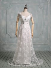 White Wedding Dress Wedding Party with Beading and Lace V-neck Cap Sleeves Brush Train Side Zipper