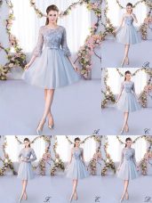 Top Selling Grey 3 4 Length Sleeve Knee Length Lace and Belt Lace Up Bridesmaid Gown