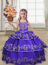 Purple Ball Gowns Satin Straps Sleeveless Embroidery and Ruffled Layers Floor Length Lace Up Child Pageant Dress