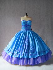 Blue Ball Gowns Embroidery Sweet 16 Dresses Lace Up Satin and Organza Sleeveless Floor Length