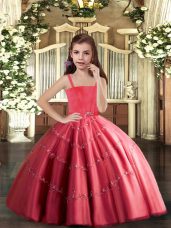 Cute Coral Red Ball Gowns Beading Pageant Dress for Girls Lace Up Tulle Sleeveless Floor Length