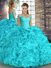 Smart Aqua Blue Off The Shoulder Lace Up Beading and Ruffles 15th Birthday Dress Sleeveless