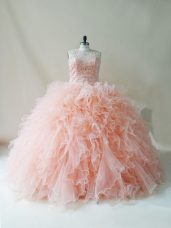 Chic Peach Scoop Neckline Beading and Ruffles Quinceanera Gown Sleeveless Lace Up