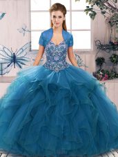 Beautiful Blue Ball Gowns Off The Shoulder Sleeveless Tulle Floor Length Lace Up Beading and Ruffles Sweet 16 Quinceanera Dress