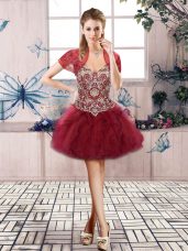 Burgundy Lace Up Prom Party Dress Beading and Ruffles Sleeveless Mini Length