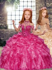 Hot Pink Organza Lace Up High-neck Sleeveless Floor Length Little Girls Pageant Dress Wholesale Beading and Ruffles