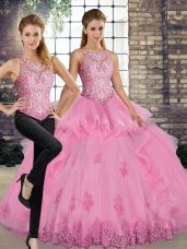 Rose Pink Two Pieces Scoop Sleeveless Tulle Floor Length Lace Up Lace and Embroidery and Ruffles Ball Gown Prom Dress