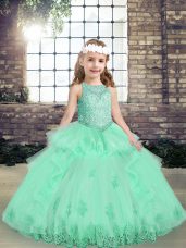 Nice Apple Green Sleeveless Lace and Appliques Floor Length Kids Pageant Dress