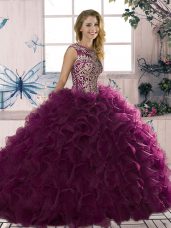 Cheap Dark Purple Sleeveless Organza Lace Up Sweet 16 Quinceanera Dress for Military Ball and Sweet 16 and Quinceanera