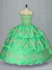 Luxurious Green Lace Up Sweetheart Embroidery and Ruffled Layers Quinceanera Dresses Satin and Organza Sleeveless