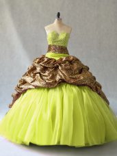 Yellow Green Ball Gowns Beading Quinceanera Gowns Lace Up Organza and Printed Sleeveless