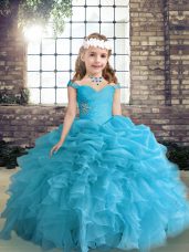 Blue Little Girl Pageant Dress Party and Wedding Party with Beading and Ruffles and Pick Ups Straps Sleeveless Lace Up