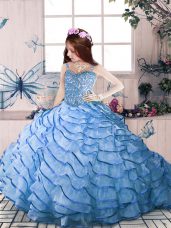 Blue Pageant Dress Wholesale Party and Sweet 16 and Wedding Party with Beading and Ruffled Layers Straps Sleeveless Court Train Lace Up