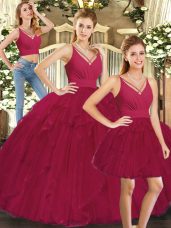 V-neck Sleeveless 15 Quinceanera Dress Floor Length Ruffles Red Tulle