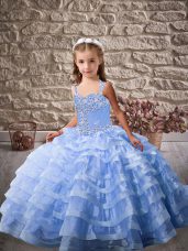 Organza Straps Sleeveless Brush Train Lace Up Beading and Ruffled Layers Little Girls Pageant Dress Wholesale in Blue