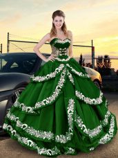 Dark Green Ball Gowns Sweetheart Sleeveless Satin Floor Length Lace Up Appliques and Ruffled Layers Quinceanera Gowns