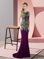 Superior Dark Purple Prom Dresses Satin Sweep Train Sleeveless Appliques