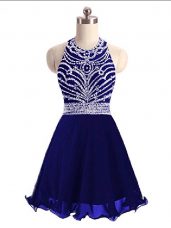 Modern Blue Prom and Party with Beading Halter Top Sleeveless Lace Up