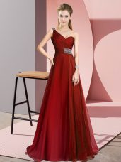 Simple Wine Red One Shoulder Sleeveless Brush Train Criss Cross