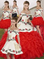 Sleeveless Organza Floor Length Lace Up Vestidos de Quinceanera in White And Red with Embroidery and Ruffles