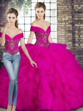 Fuchsia Lace Up 15th Birthday Dress Beading and Ruffles Sleeveless Floor Length