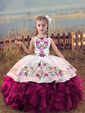 Discount Fuchsia Girls Pageant Dresses Wedding Party with Embroidery and Ruffles Scoop Sleeveless Lace Up