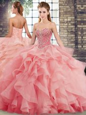 High Quality Watermelon Red Ball Gowns Tulle Sweetheart Sleeveless Beading and Ruffles Lace Up Vestidos de Quinceanera Brush Train