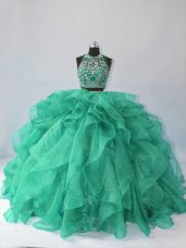 Turquoise Halter Top Neckline Beading and Ruffles Vestidos de Quinceanera Sleeveless Backless