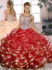 Red Sleeveless Floor Length Beading and Ruffles Lace Up Sweet 16 Dresses