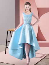 Best Selling Aqua Blue Satin Zipper Quinceanera Court Dresses Sleeveless High Low Lace