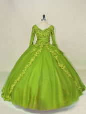 Olive Green Quinceanera Dress Sweet 16 and Quinceanera with Lace and Appliques V-neck Long Sleeves Side Zipper